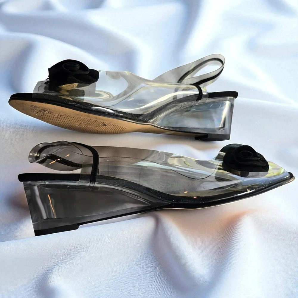 Azuree Pour Heyraud Clear Vinyl Wedge Sandals‎ with Black Rose Applique Woman 8